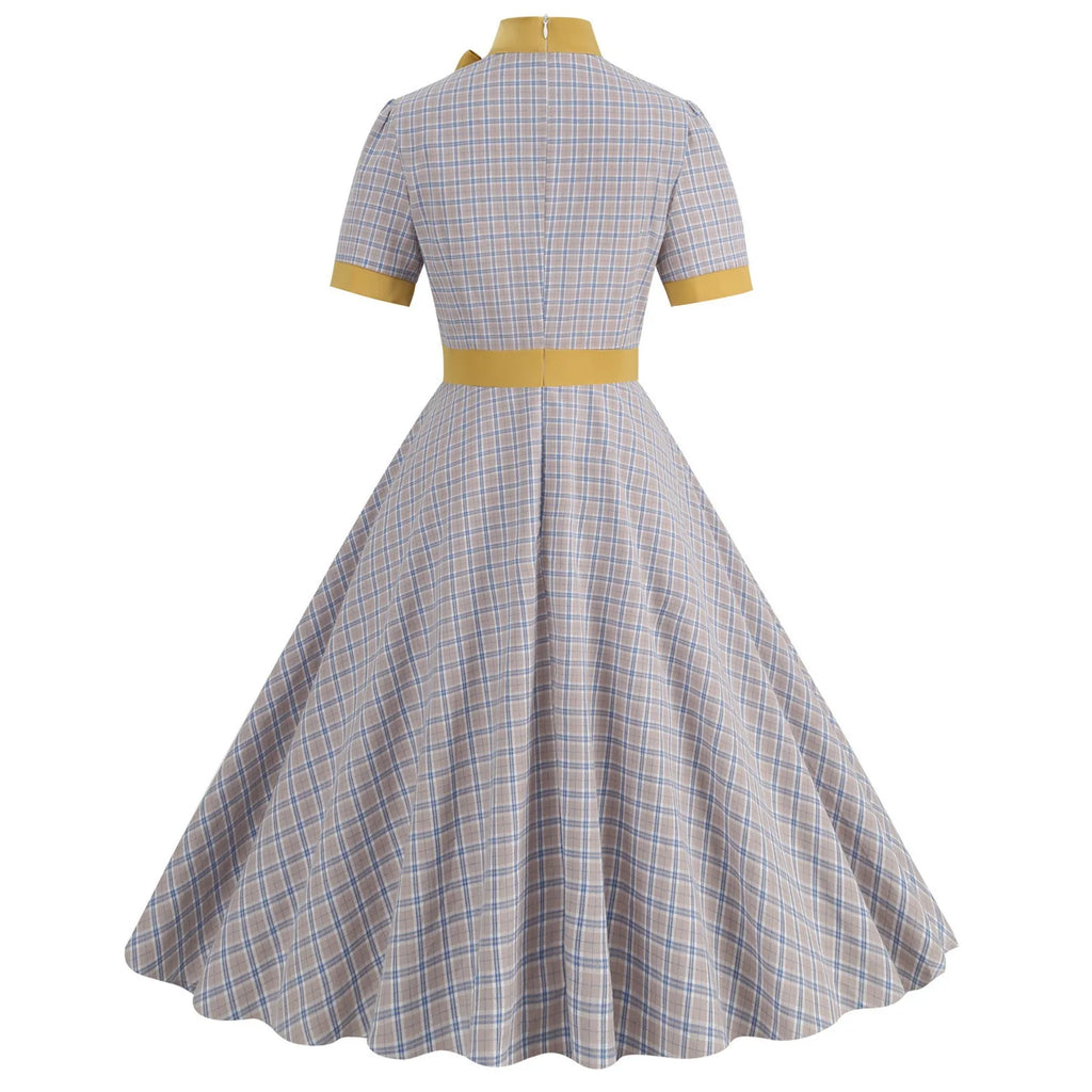 Retro Women's Plaid Dress Stand Neck Short Sleeve Cotton Dresses Lace Up Bow Tie Pleated Swing Vestidos Vintage Court Dresses