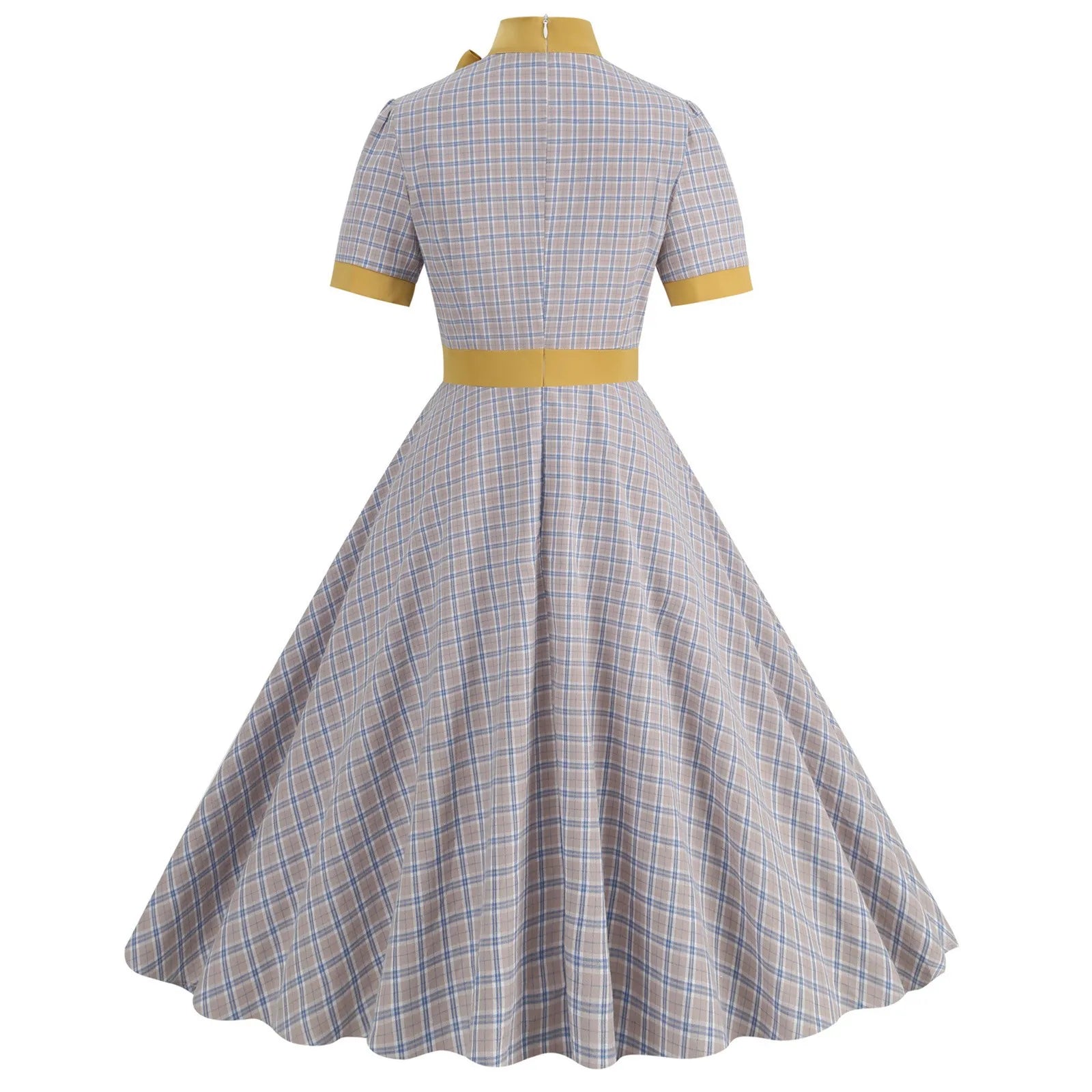 Retro Women's Plaid Dress Stand Neck Short Sleeve Cotton Dresses Lace Up Bow Tie Pleated Swing Vestidos Vintage Court Dresses