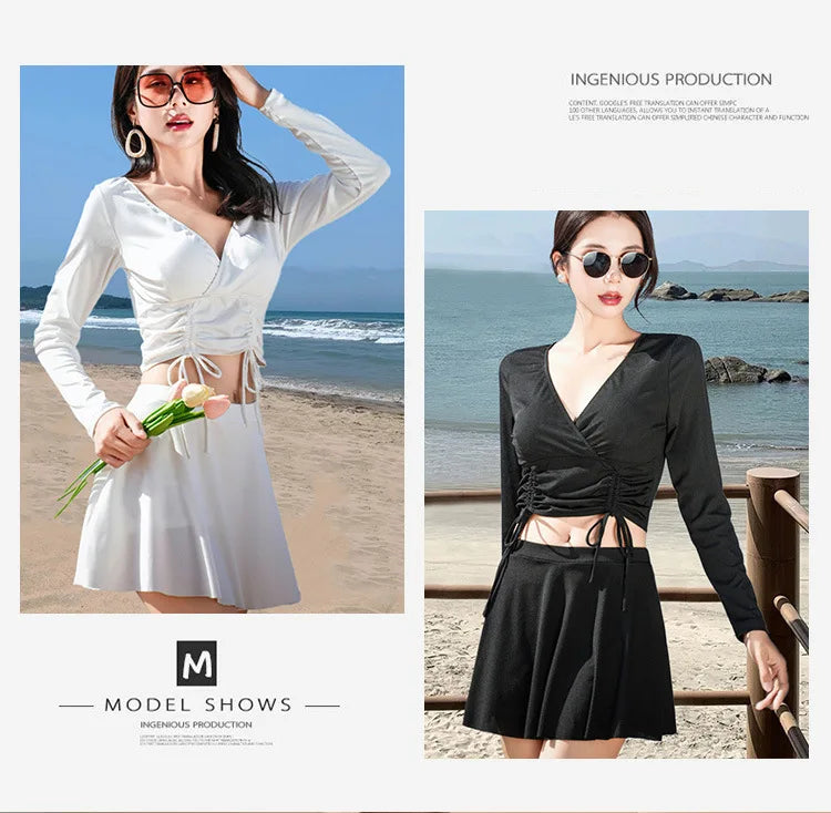 Split Swimsuit Women's Two-piece Solid Color Skirt Style Fairy Style Long Sleeved Sunscreen Sports Flat Pants Swimsuit