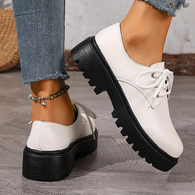 British Style Platform Oxford Shoes for Women Fashion Lace Up Thick Bottom Pu Leather Shoes Wman Plus Size 42 Office Work Shoes