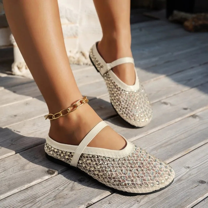 Mesh Breathable Rhinestone Fashion Versatile Women's New Foreign Style Niche Belt Flat Soft Soled Mary Jane Shoes Womens Shoes