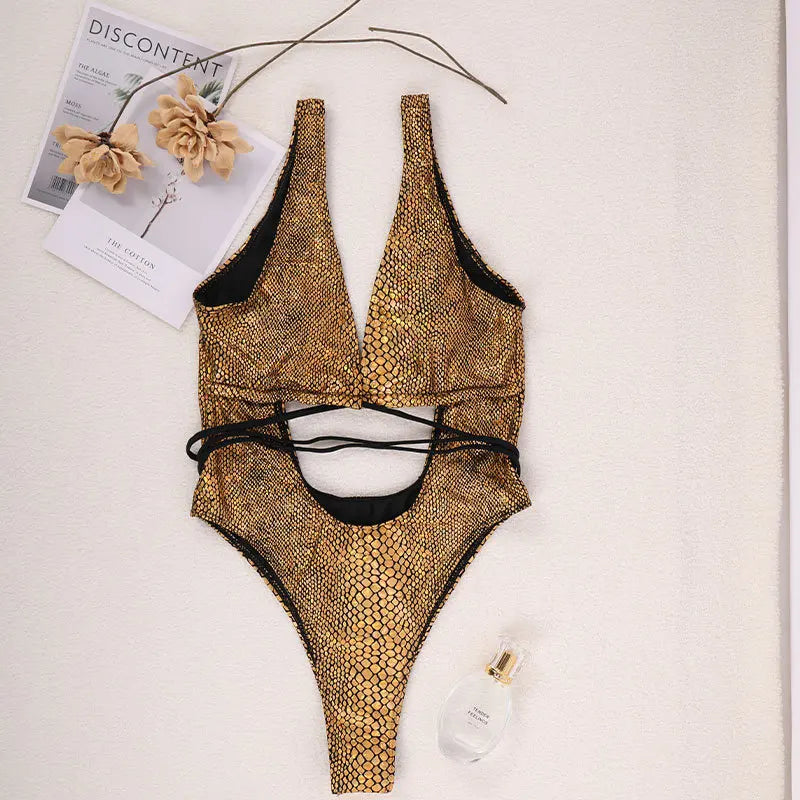 DEKA Women's Mesh Patchwork One Pieces Swimwear Sexy New Hollow Out High Cut Bandage Swimsuit Monokini Push Up Bikini