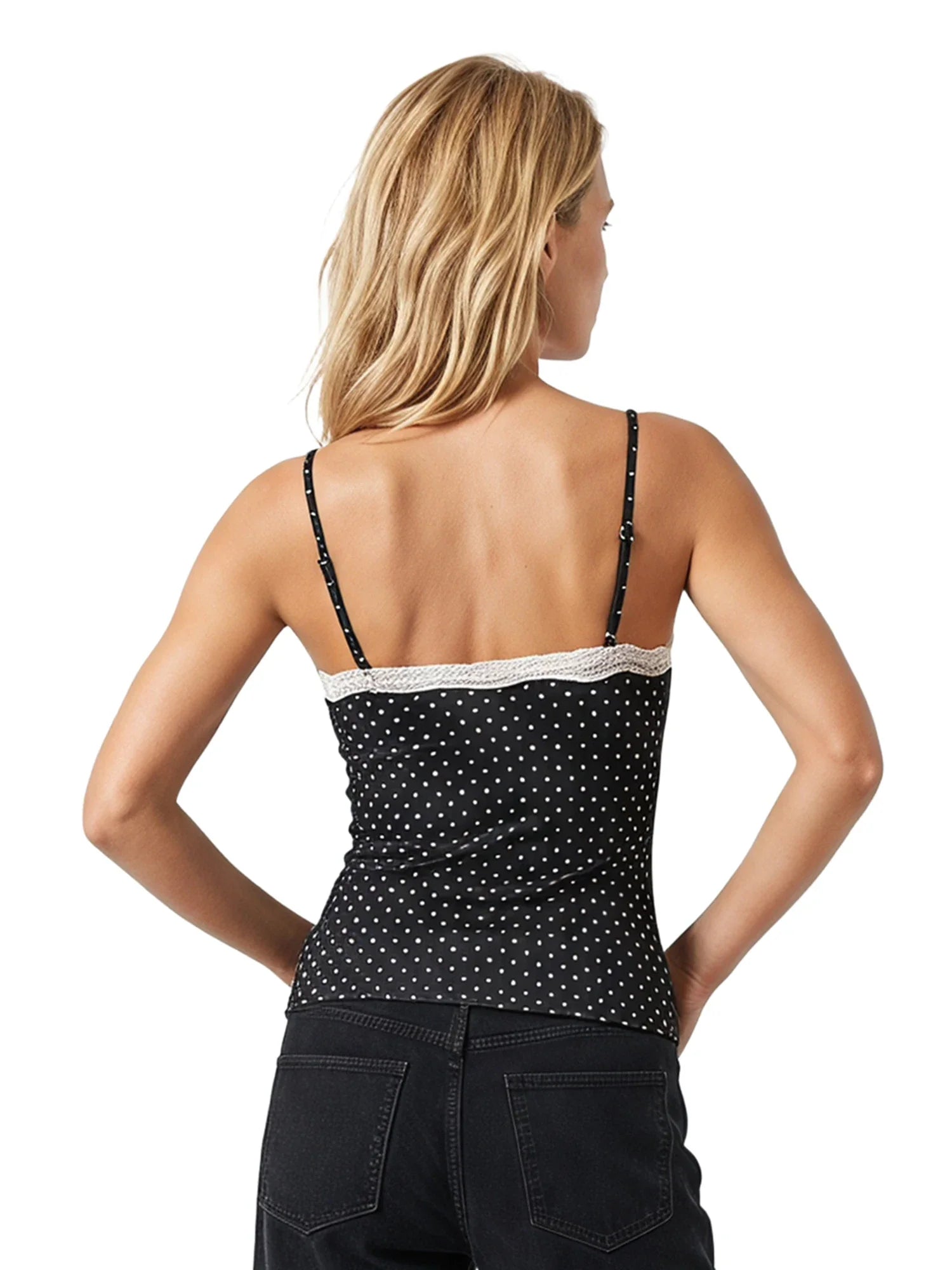 Women Summer Lace Trim Camisoles Sexy Dot Print Slim Fit V Neck Spaghetti Strap Tops