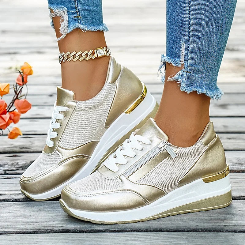 Plus Size 44 Wedges Sneakers Women Fashion Pink Gold Lace Up Platform Sports Shoes Woman Non Slip Thick Bottom Vulcanized Shoes