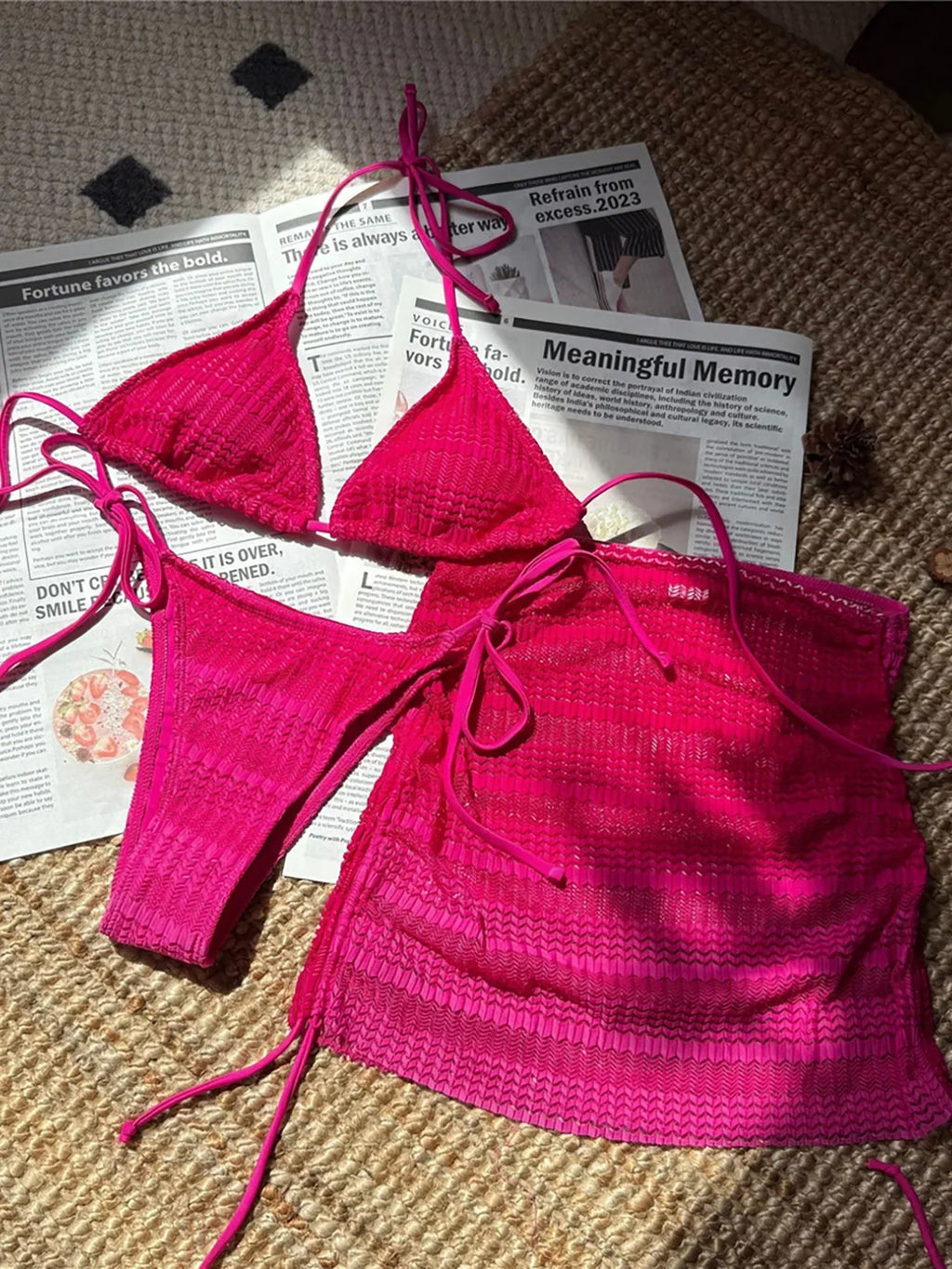 Pink 3PC With Skirt Gradient Bikini Women Swimwear Female Swimsuit Three-Pieces Bikini Set Padded Bather Bathing Suit Swim V6696