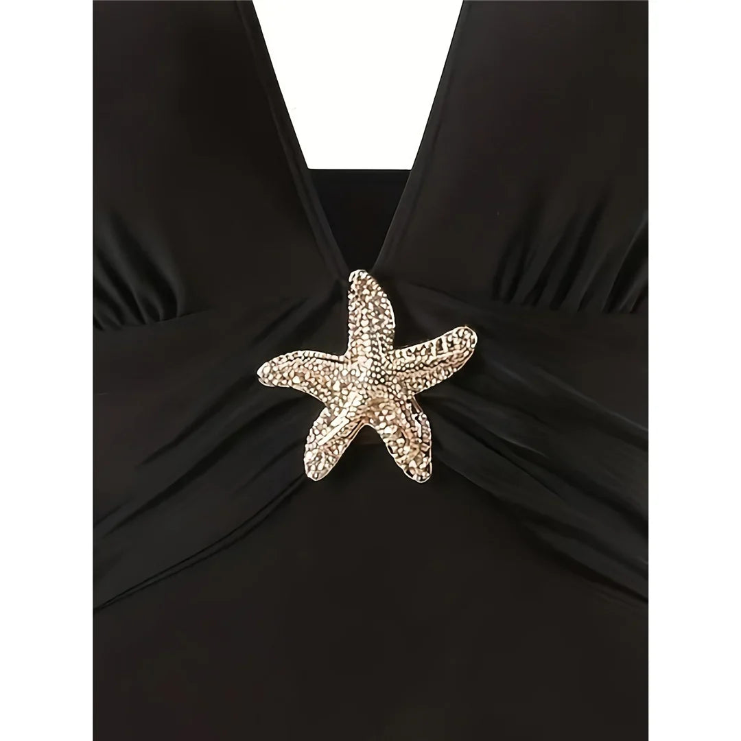 S - XL New With Skirt Deep V Neck Halter One Piece Swimsuit Women Swimwear Female Starfish Padded Bather Bathing Suit Swim V7977