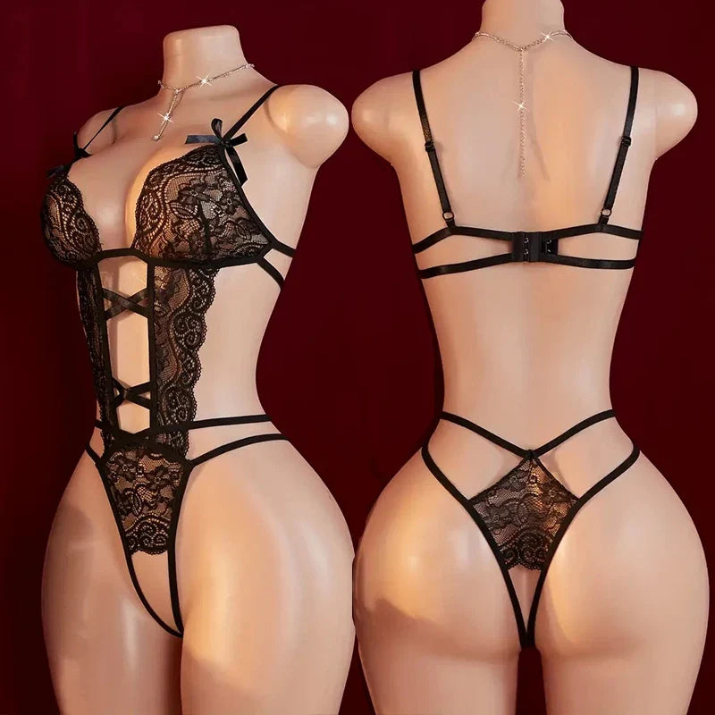 Transparent  Lace Lingerie Deep V Hollow Open Bra Erotic Lingerie Set Sexy Crotchless Bodysuit Temptation Pajamas Hot Underwear