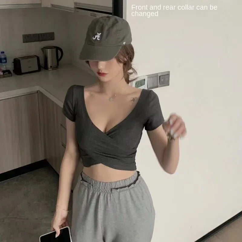 Korean Style Women's Tank Top Y2k Streetwear Solid Color Short Sleeved Crop Top Lady Summer Slim Fit Homewear Elastic Skinny Tee