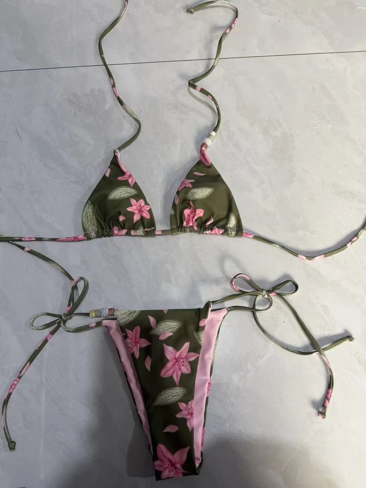 New Boho Style Floral Pattern Women's Micro Bikini Set Bead Decor Swimsuit Sexy Backless Bandage Swimwear Bathing Suit Beachwear