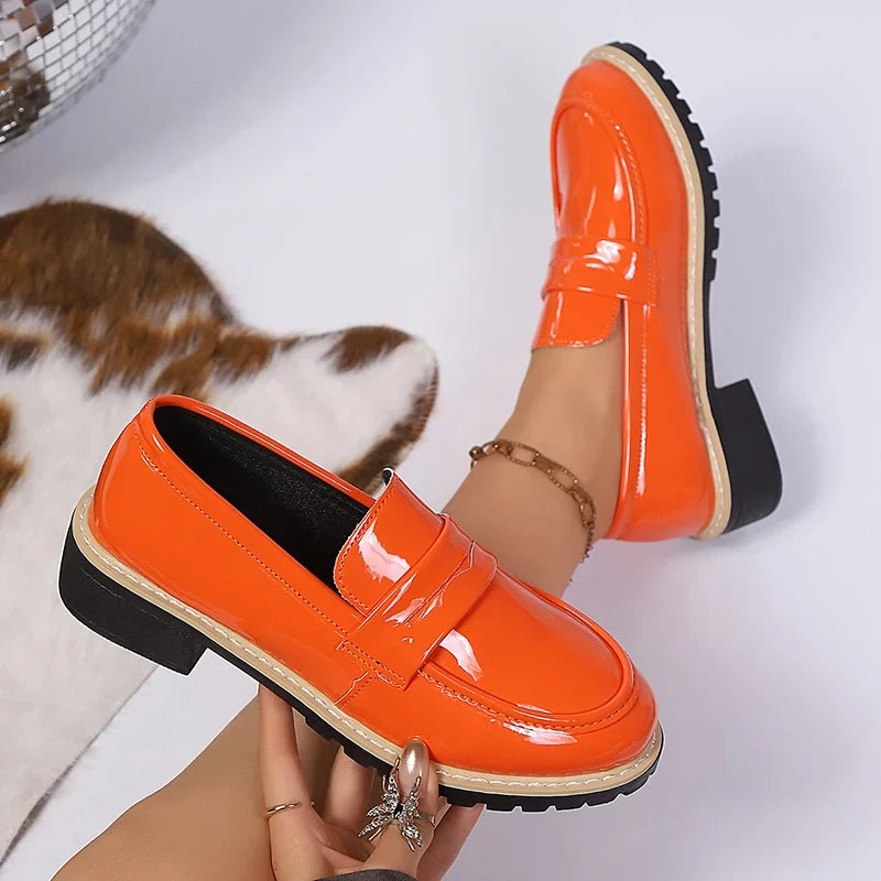 Patent Leather Thick Heels Loafers Women Spring New Mixed Color Med Heel Office Pumps Woman Plus Size 43 Slip On Single Shoes