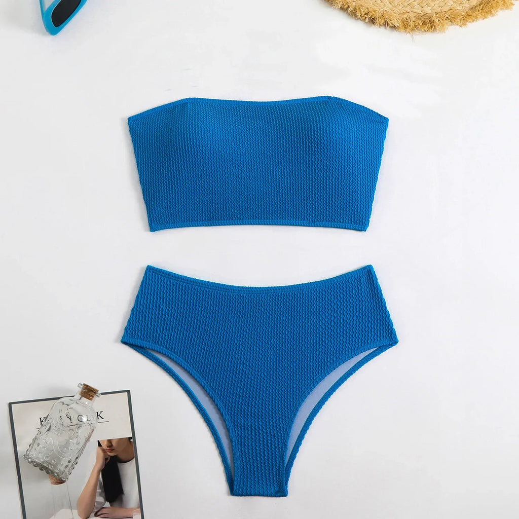 Sexy Bandeau Bikini 2025 Mujer Women Black Ribbed Push Up High Waist Swimsuit Summer Beach Bathing Suit Holiday Swimwear Biquini
