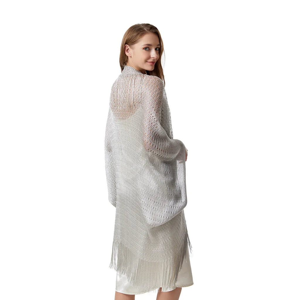 4 Colors Shawl Solid Swimsuit Bikini Cover Up Women Hollow Fringed Cardigan Bright Silk Cape Bathing Suit Cover Ups for Swimwear