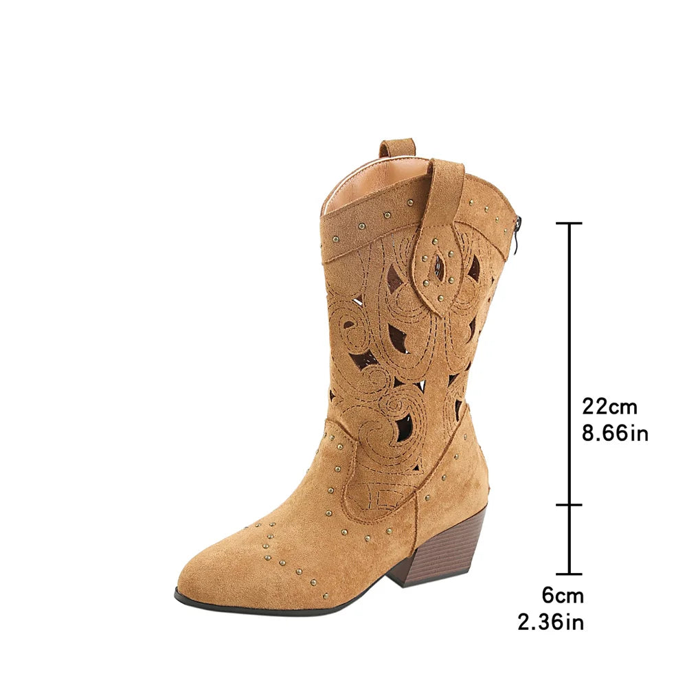 Big Size 43 Women's Wasteland Western Cutout Vegan Suede Cowboy Boots with Rivets 6cm Block Heel Summer Mid-Calf Boots Shoes