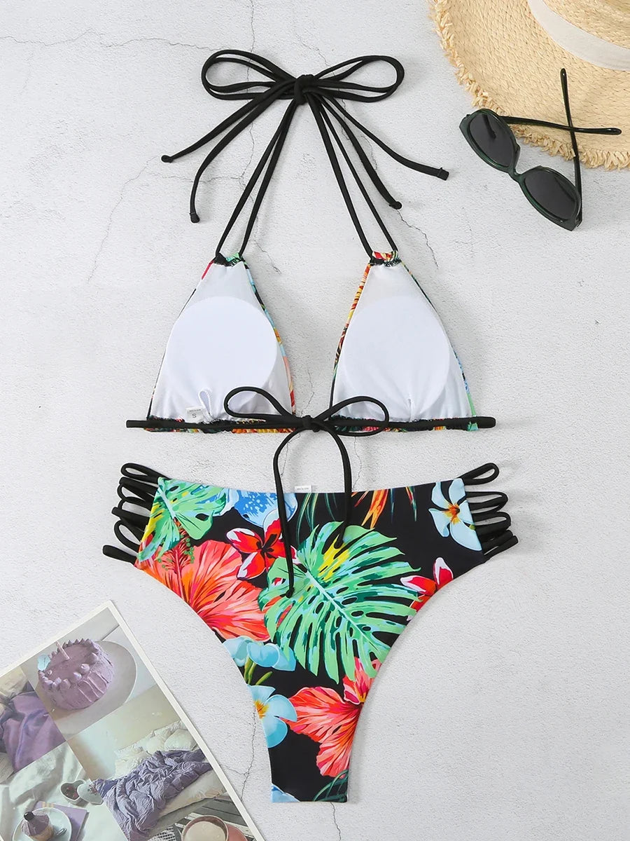 Halter String Floral Bikini 2026 High Waist Swimsuit Women Padded Swimwear Female Bathers Bathing Swimming Swim Suit Beachwear