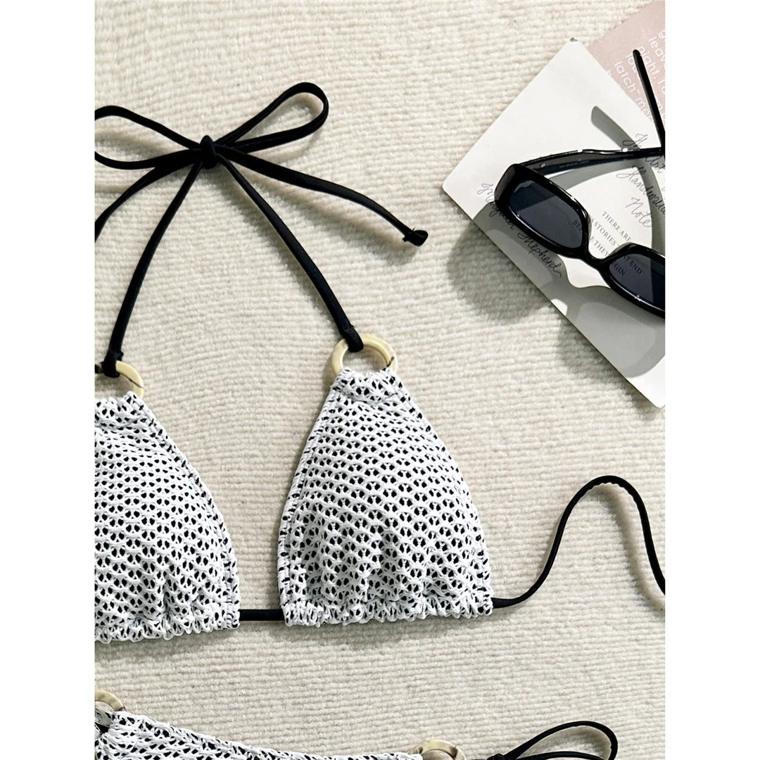 Wrinkled Halter Two-Pieces Bikini Set Bikini Female Swimsuit Women Swimwear Strappy High Cut Leg Bathing Suit Bather Swim V7043