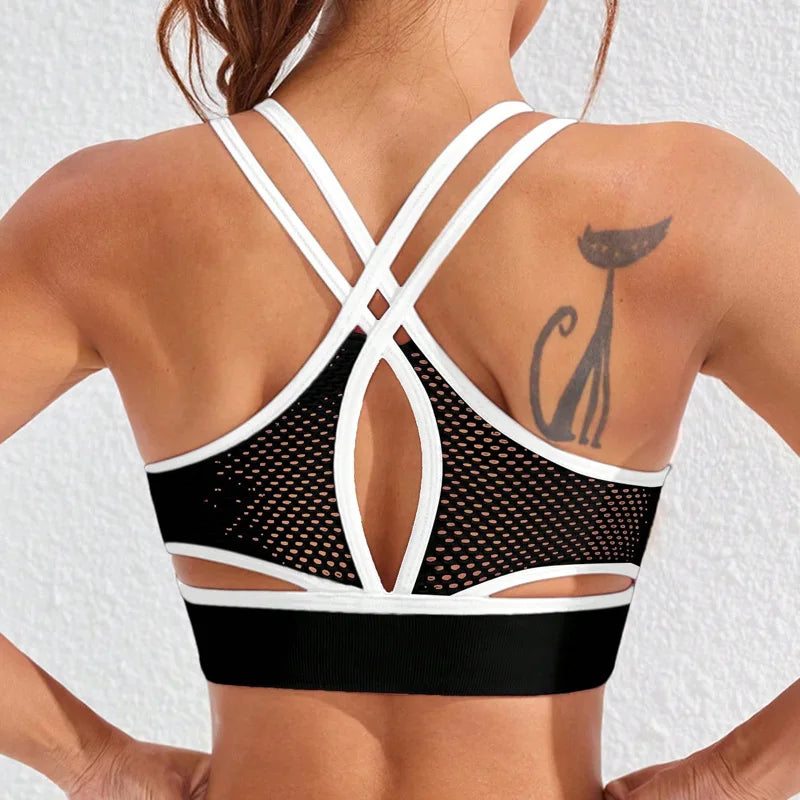 Color-blocked Yoga Top with Cross-straps Yoga Bra Stretchy Comfortable Breathable Sports Vest Wire-free Bra