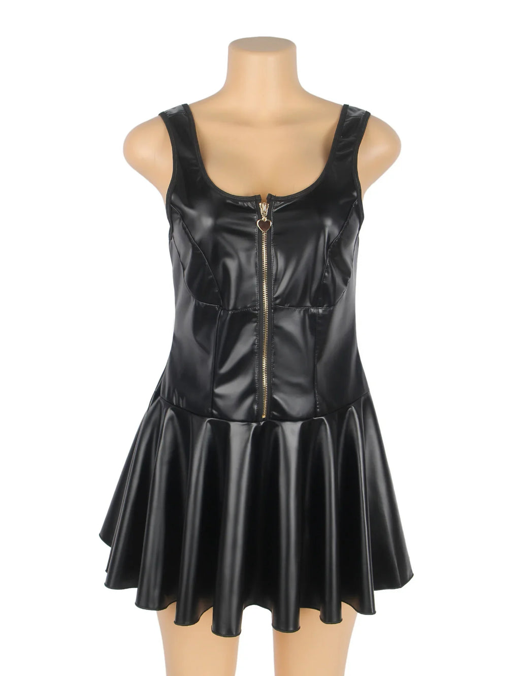 Black PU Leather Wide Strap Mini Dress for Women Heart Zipper Sexy Night Out Clubwear Plus Size Faux Leather Bodycon Babydoll