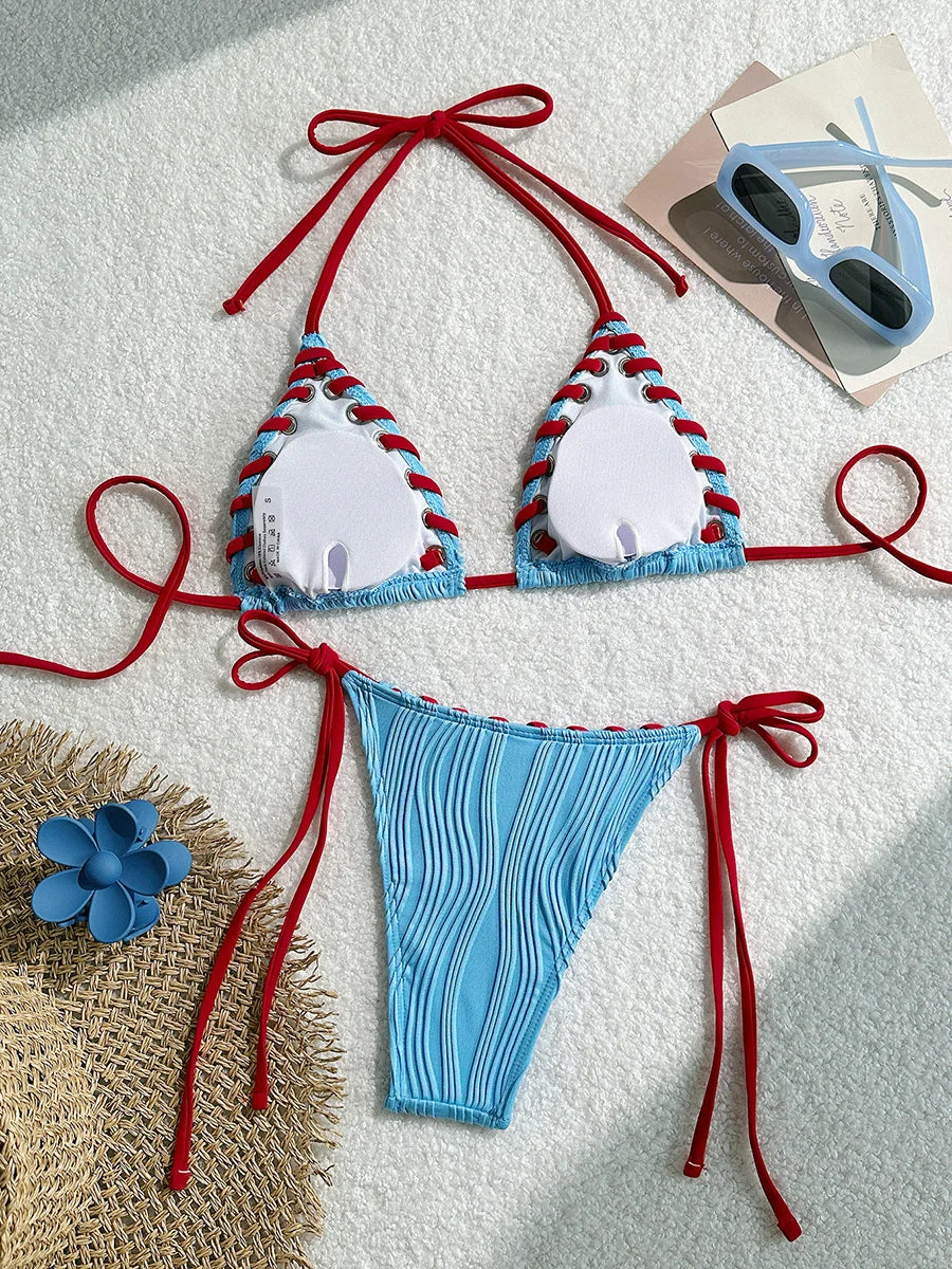 2025 Halter Wrinkled Weaved Bikini Women Swimwear Female Swimsuit Two Pieces Bikini Set Brazilian Bathing Suit Swim Beach Wear