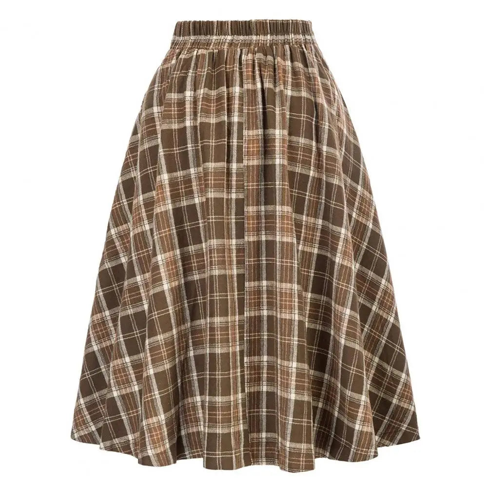 High Waist A-Line Skirt Women Midi Skirt Plaid Print Large Hem Design Autumn Winter Skirt Streetwear