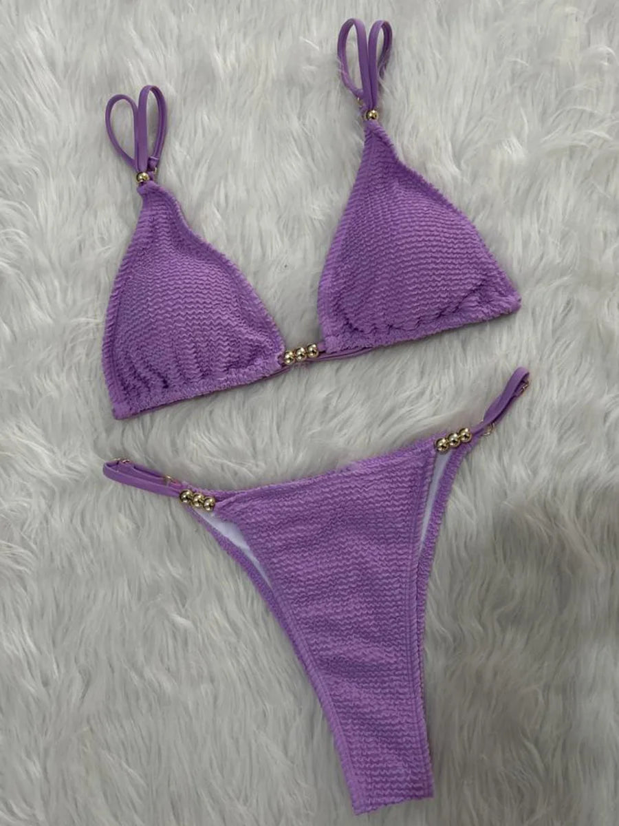 Wrinkled Pleated High Cut Brazilian Bikini Women Swimwear Female Swimsuit Two-pieces Bikini Set Bather Bathing Suit Swim Lady