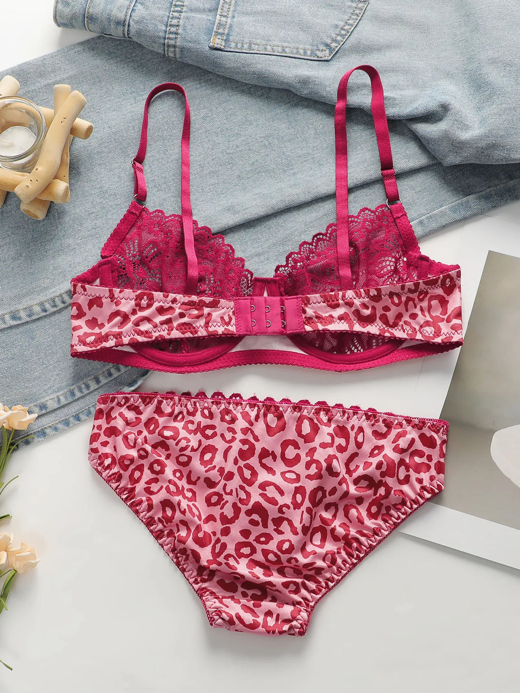 Lace Transparent Underwear Sets for Women Sexy Lingerie Fairy Embroidery Brief Sets Delicate Pink Leopard Push Up Bra A3131