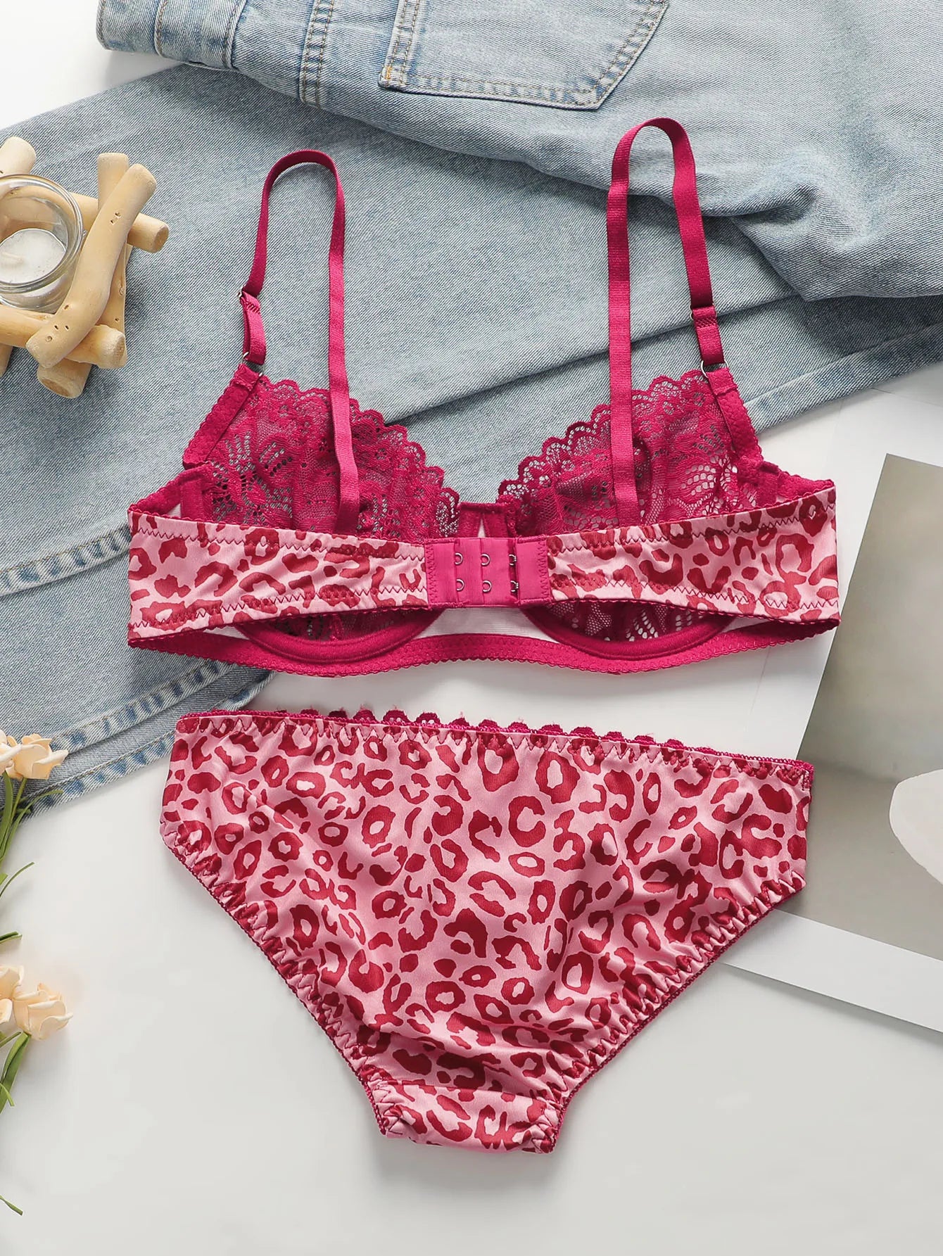 Lace Transparent Underwear Sets for Women Sexy Lingerie Fairy Embroidery Brief Sets Delicate Pink Leopard Push Up Bra A3131