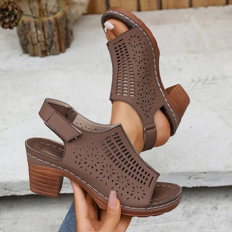 Retro Hollow Out Thick Heeled Sandals for Woman Summer Lightweight High Heels Sandals Women Plus Size Outdoor Platform Sandles
