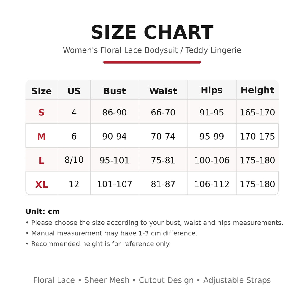 Women’s Floral Lace Bodysuit Lingerie, Red Sheer Mesh Teddy with Bowknot Straps, Front Cutout Thong Sleepwear for Anniversary