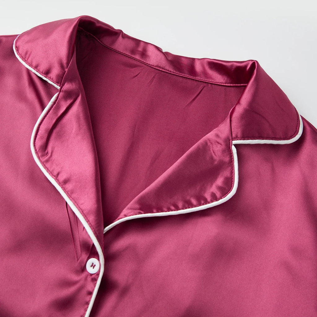 Women's Satin Two Pieces Pajama Sets Fashionable Contrast Color Trim Long Sleeve Button Down Tops with Pants Soft Sleepwear