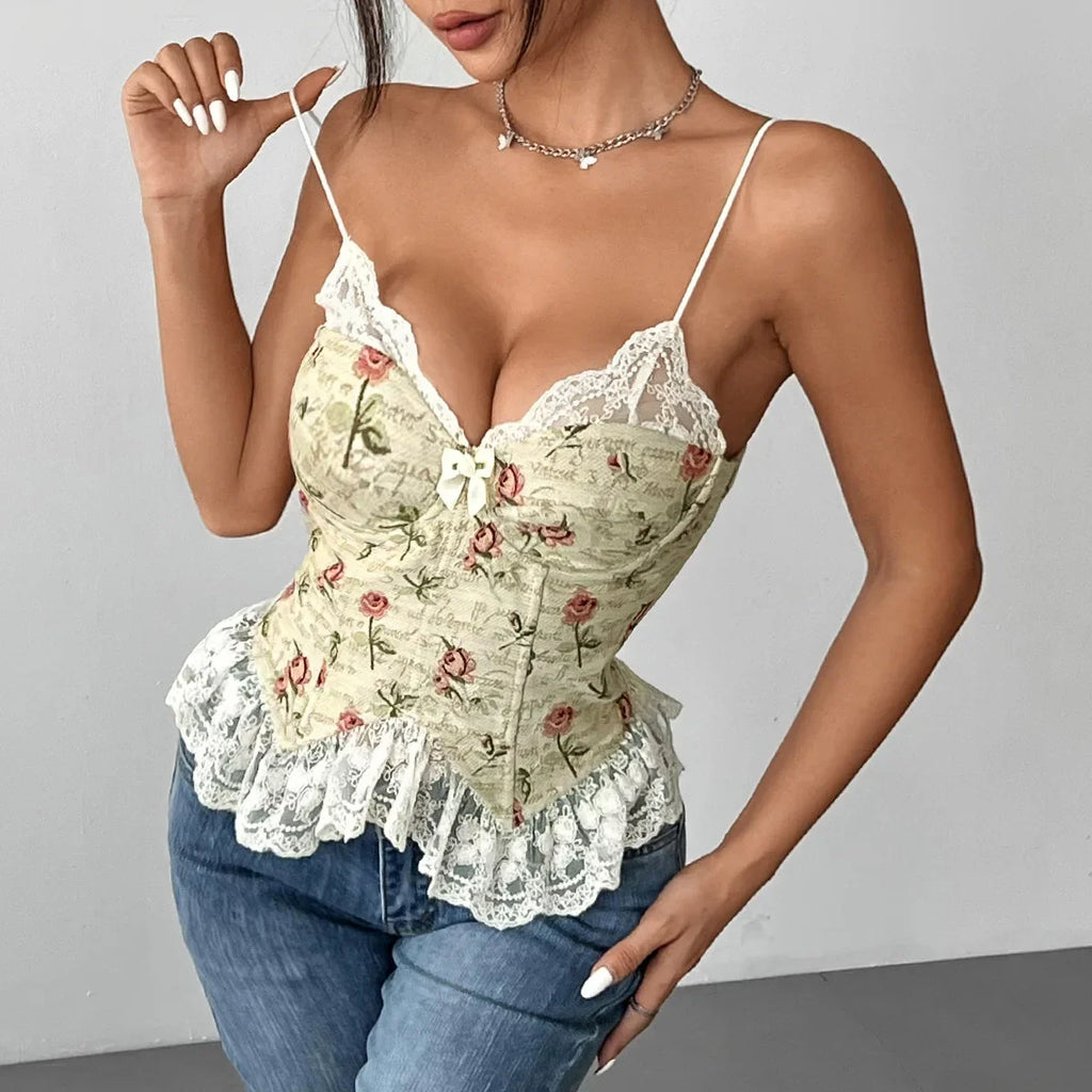 Prairie Chic Style Women's Tank Top French Style Crop Tops Lace Strapless Camisole Lace up Fishbone Corset Lady Summer Outfit