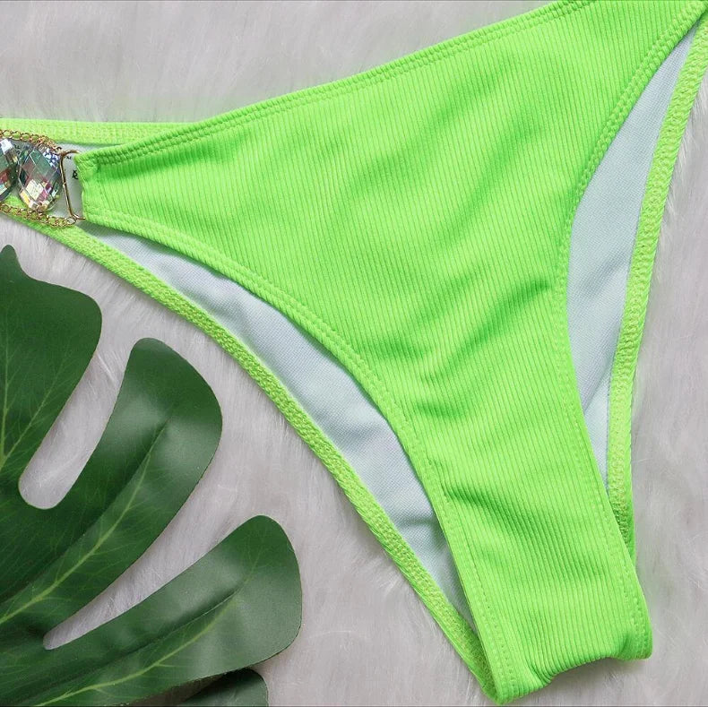 9 Colors Sexy Bikini Women Luxe Crystal Diamond Metal Chain Pit Striped Swimwear Swimsuit Bikinis Set Bathing Suit Beach Bikini