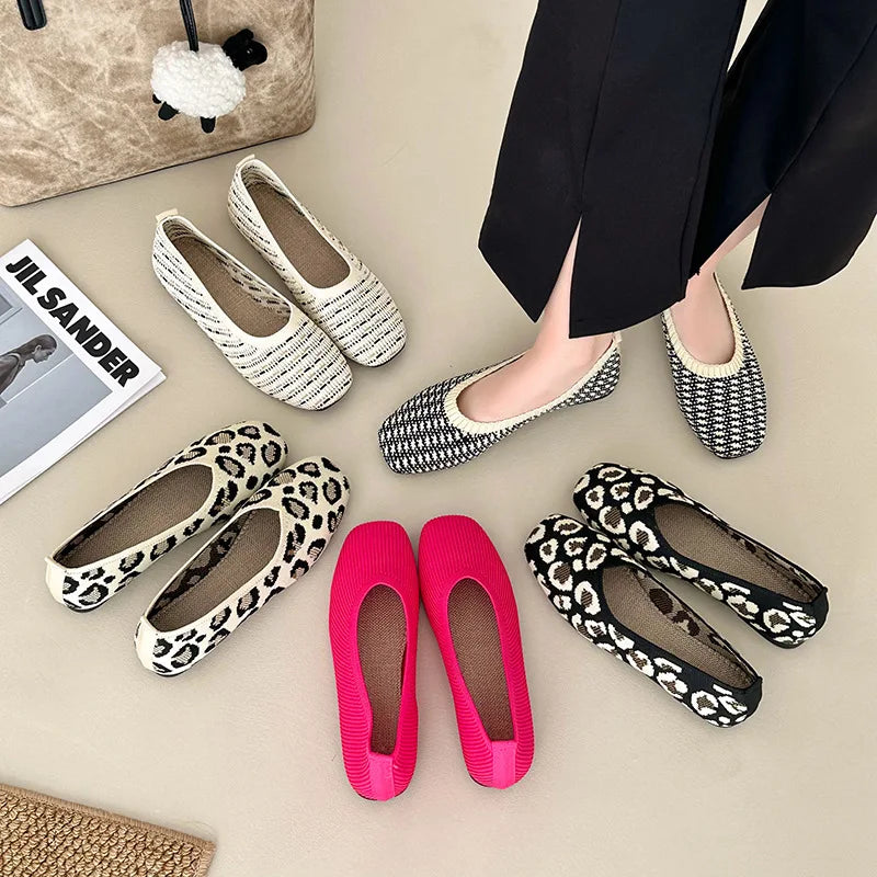 Leopard Color Square Toe Knitted Loafers Women Leisure Flat Shoes Soft Bottom Shallow Ballet Flats Casual Slip on Boat Shoes