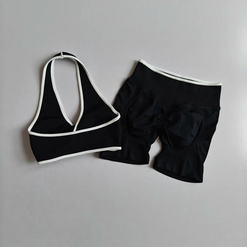 2pcs Women's Seamless Push-up Sports Vest Bra Set with High Elastic Hip Lifting Shorts for Running Aerobics Yoga