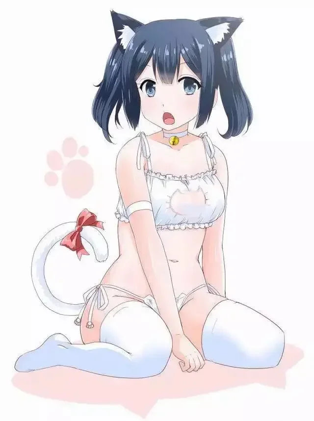 Anime Maid Cat Girl Cosplay Women Sexy Lingerie Miku Kawaii Bra Strappy Briefs Set Neko Embroidery Footprints Ear/Choker