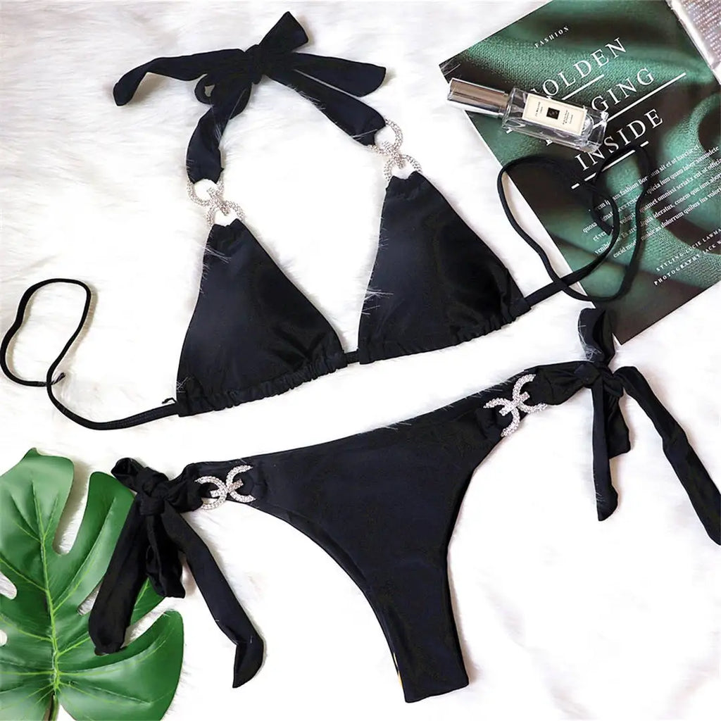 New Halter Bling Diamond Brazilian Bikini Female Swimsuit Women Swimwear Two-Pieces Bikini Set Bather Bathing Suit Swim V2340