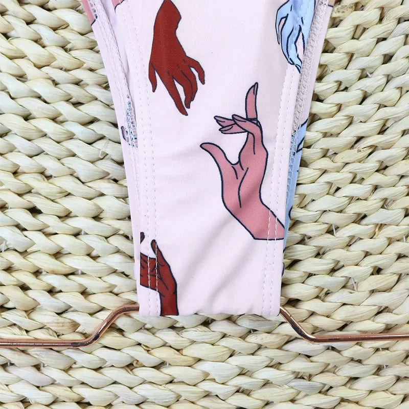2026 New Sexy One Piece Swimsuit Swimwear Women Deep V-neck Backless Hands Print Large Bowknot High Waist Beachwear Bathing Suit