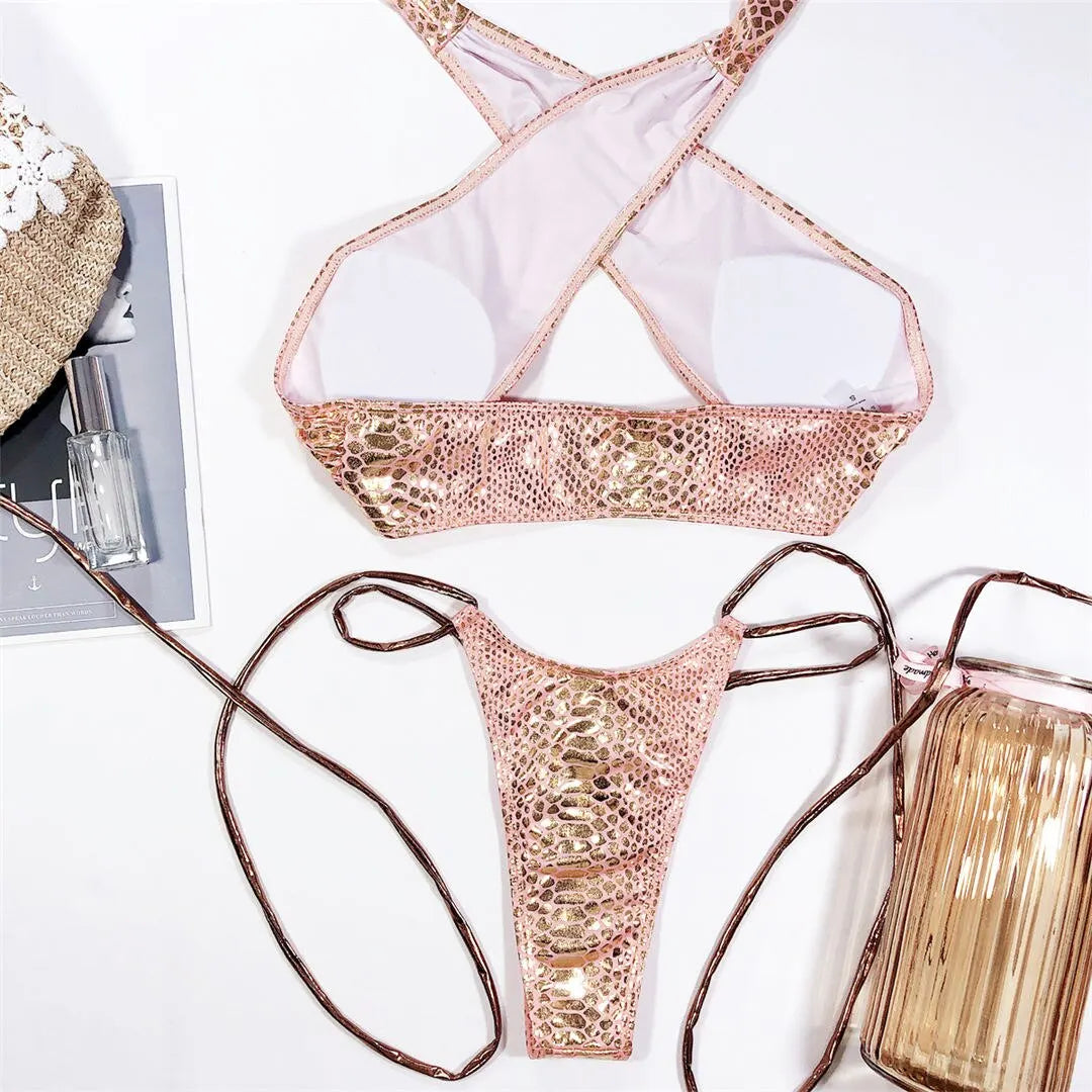 2026 Shiny Halter Thong Bikini Women Swimwear Female Swimsuit Two-Pieces Bikini Set Wrap Around Bather Bathing Suit Swim V2089