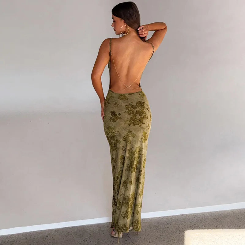 FDYOUI Sexy Elegant Chain Backless Green Floral Evening Dress for Women Sleeveless Bodycon Long Cocktail Dresses Party Club Gown
