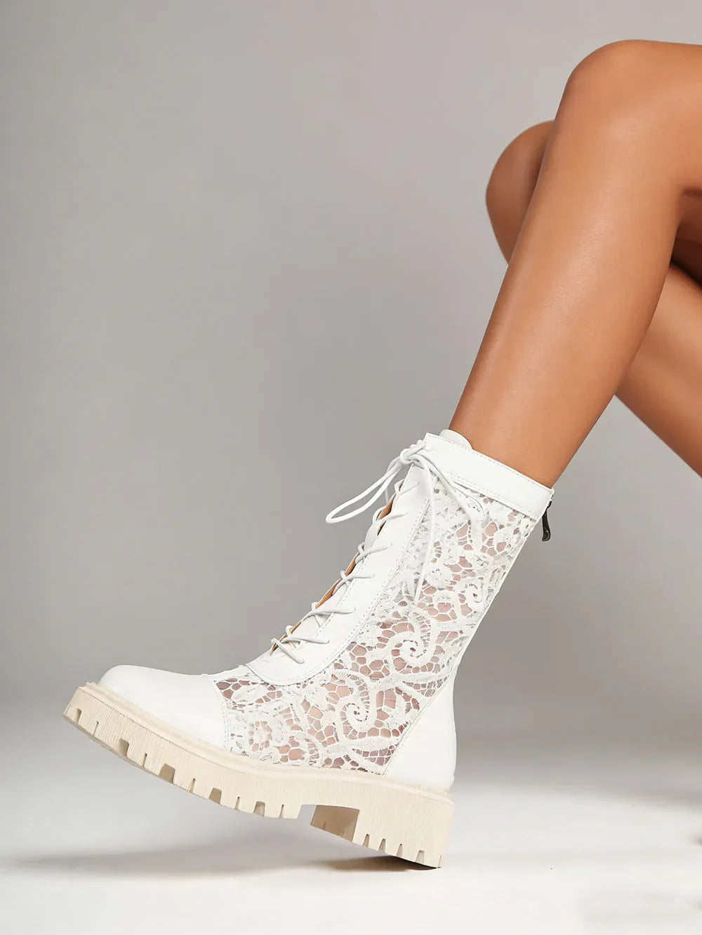 2026 New Big Size 45 Chic Black Lace Mesh Summer Boots Women Round Toe Square Heels Shoelace Zip-up Mid-calf Boots Shoes