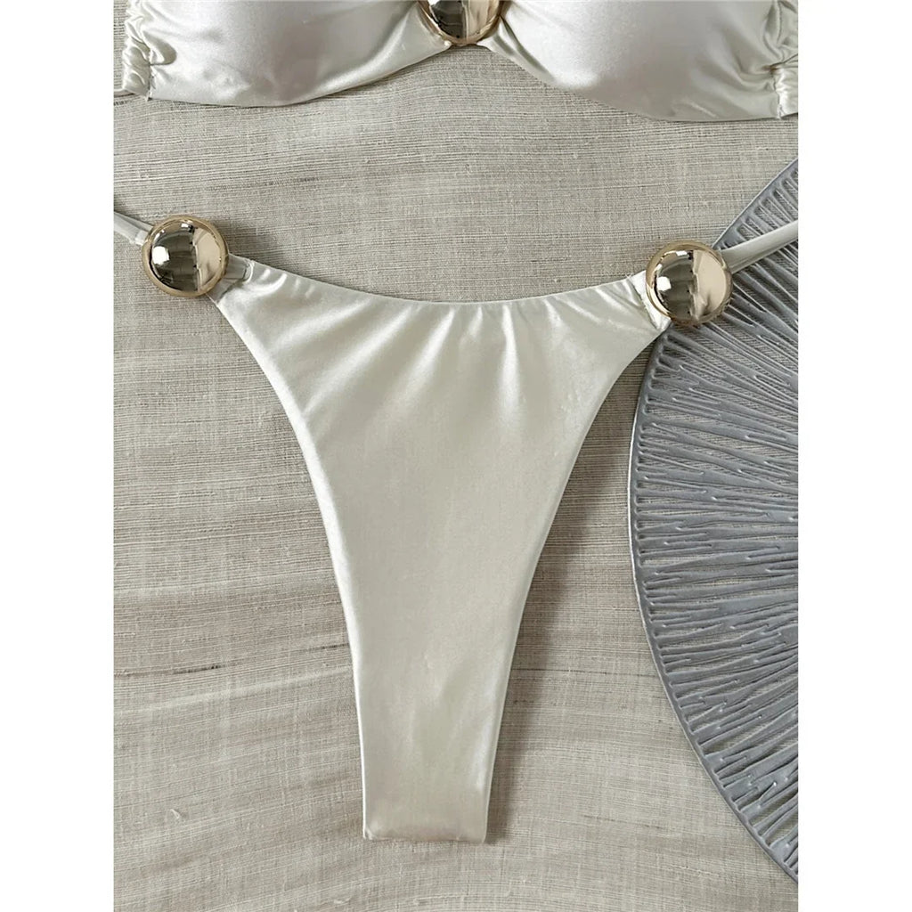 Sexy Metal Ring Bikini Women Swimwear Female Swimsuit Two-Pieces Bikini Set High Cut Leg Padded Bather Bathing Suit Swim V8311