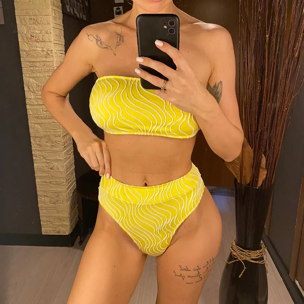 Sexy Wave Striped Bandeau High Waist Bikini Female Swimsuit Women Swimwear Two-Pieces Bikini Set Bather Bathing Suit Swim V5445