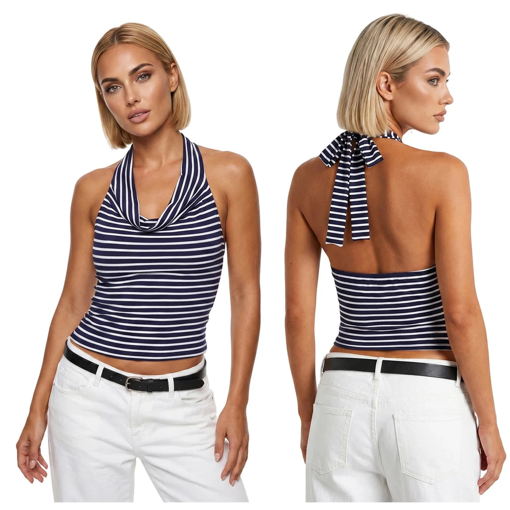 Women Striped Low Cut Tank Tops Slim Fit Cowl Neck Open Back Sleeveless Halter Crop Shirts Trendy Summer Streetwear