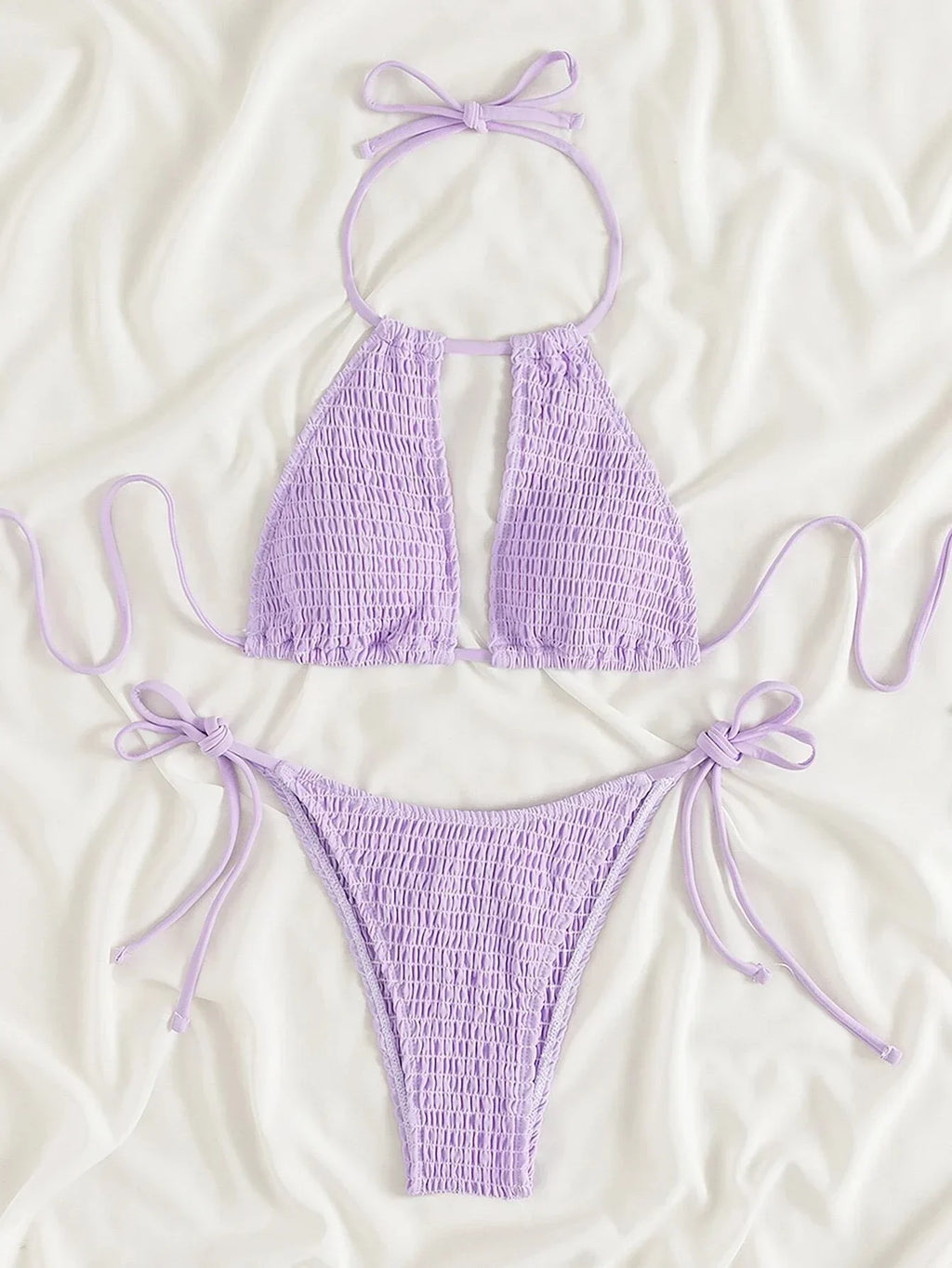 2025 Halter Tie Side Hollow Out Smocked Bikini Women Swimsuit Female Swimwear Two Pieces Bikini Set Swim Bathing Suit Beach Wear