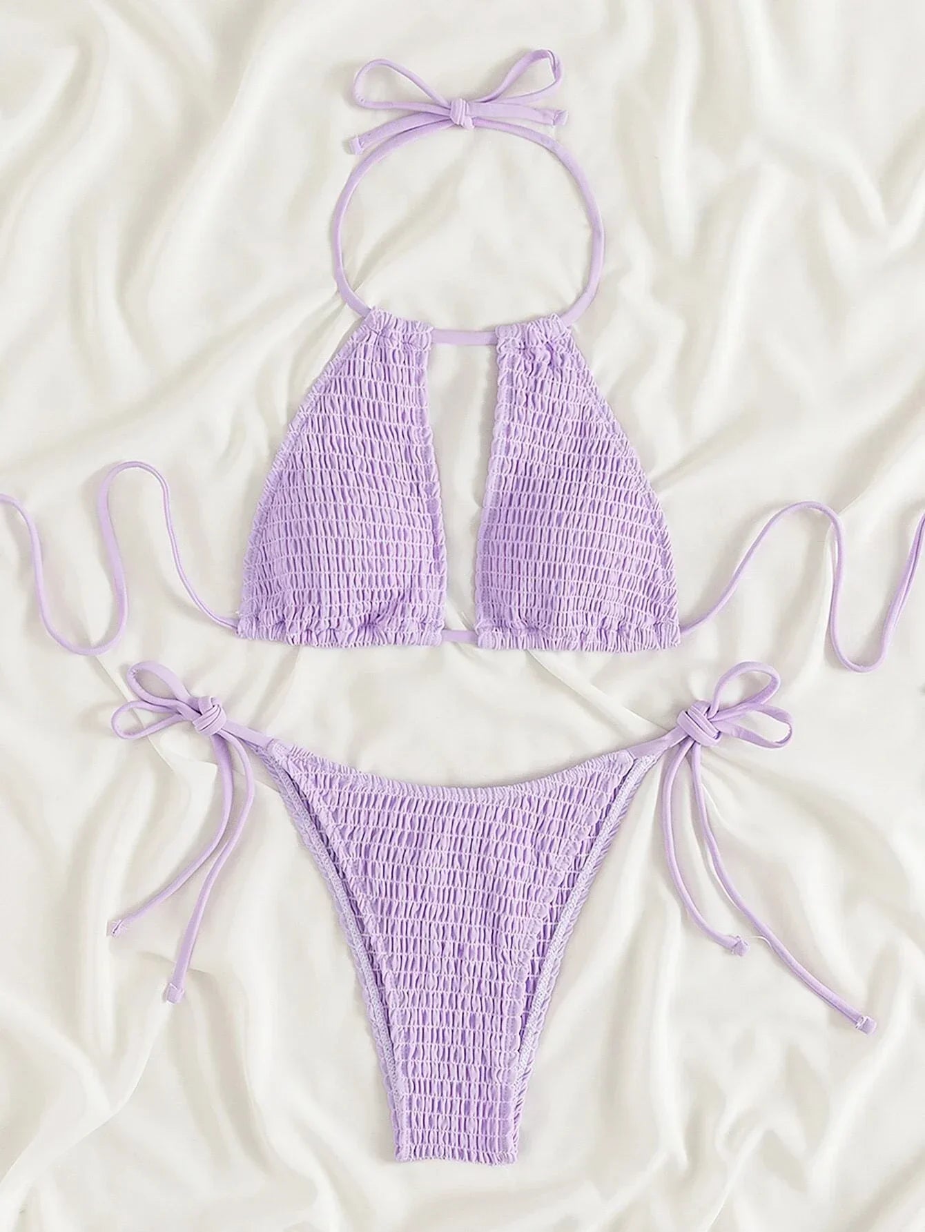 2025 Halter Tie Side Hollow Out Smocked Bikini Women Swimsuit Female Swimwear Two Pieces Bikini Set Swim Bathing Suit Beach Wear
