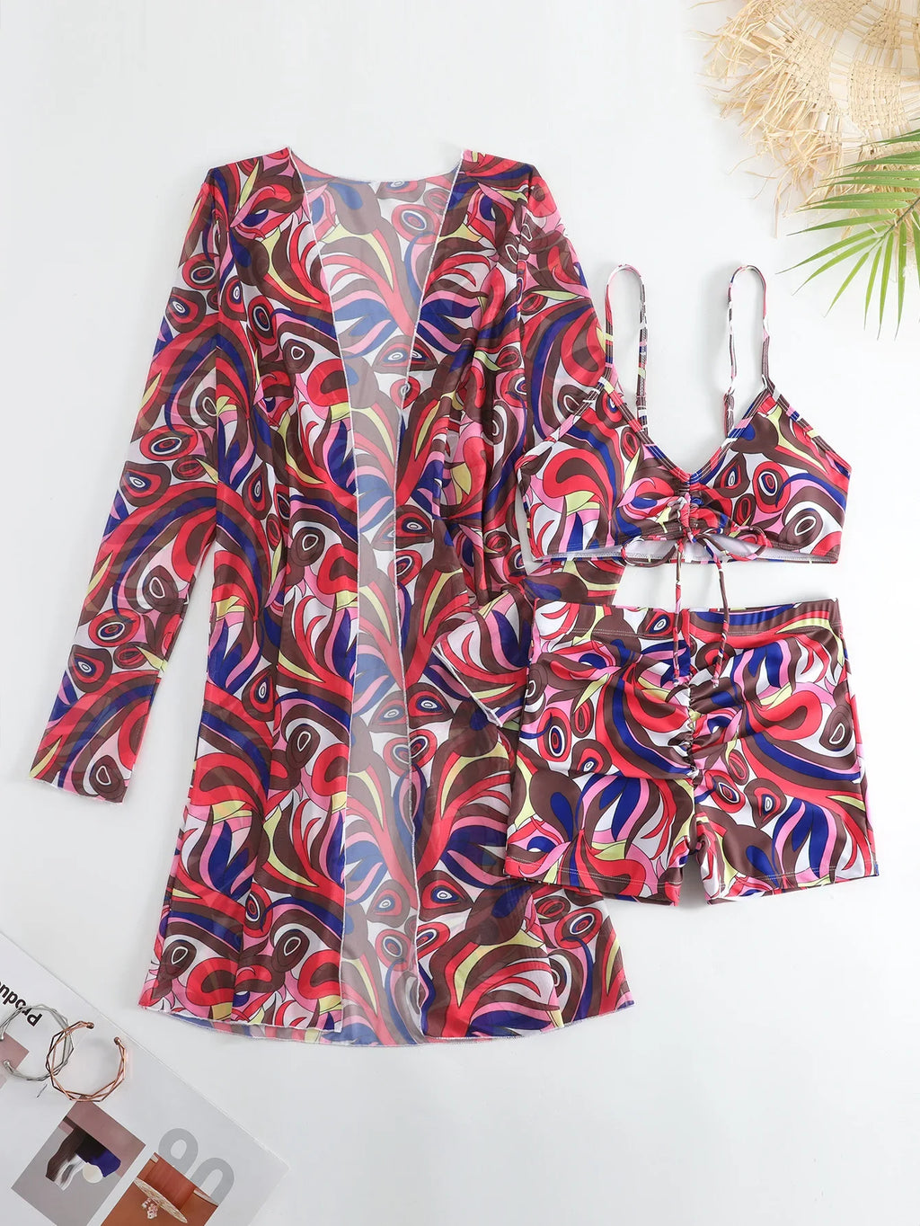 New Sexy 3 Pieces Suit for Women Neck Hanging Bikini Set+Cover-up Swimwear Sunproof Tankini High Waist Shorts Swimsuit Beachwear