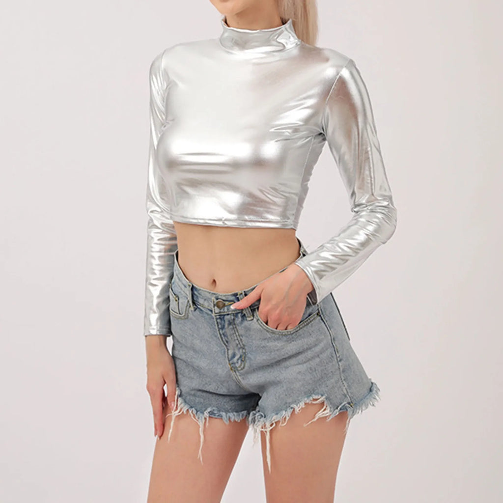 Women Metallic Long Sleeve Crop Tops Shiny Stretch Mock Neck T Shirt Dance Clubwear Ladies Slim Fit Blouses Gold Silver Costumes