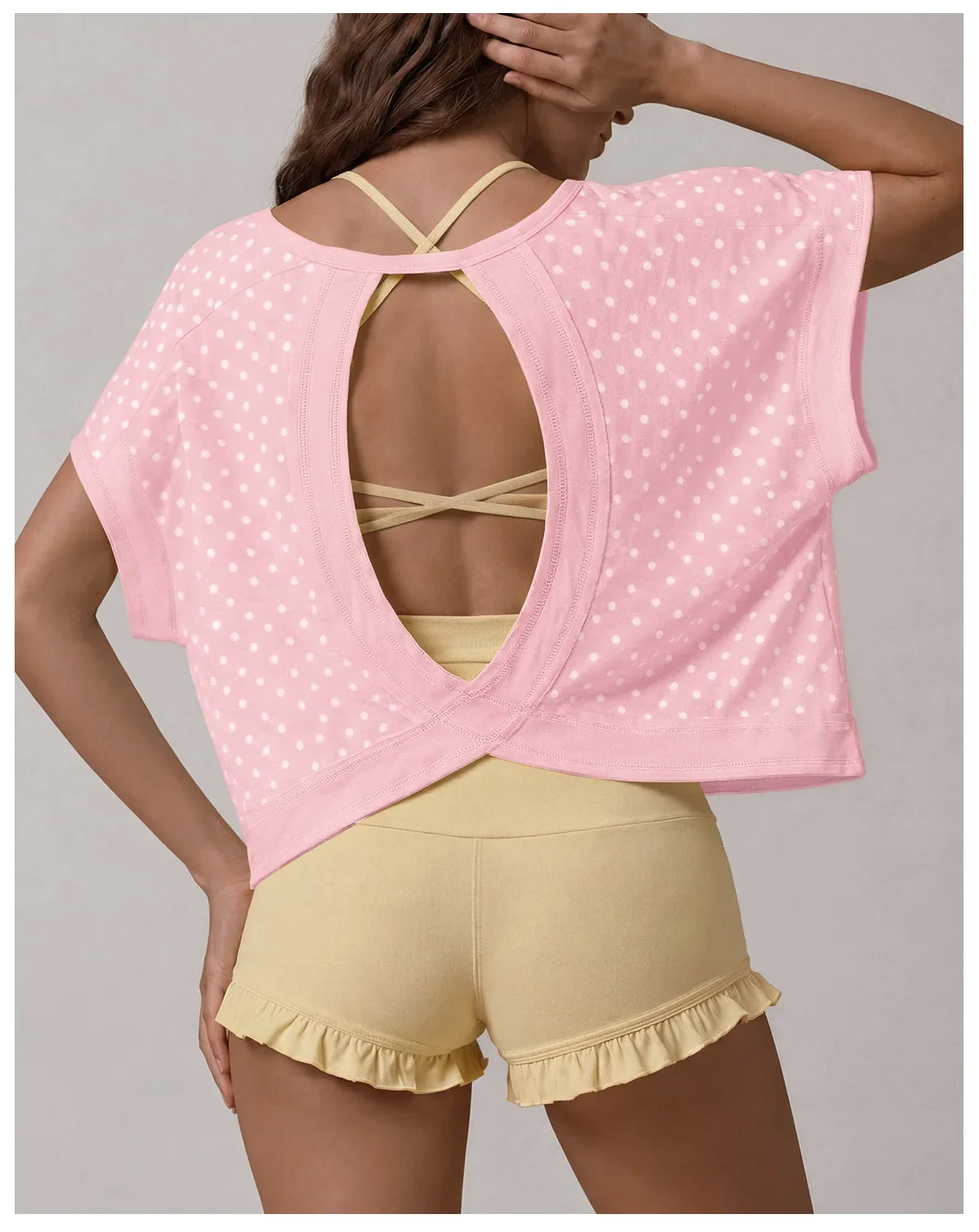 Summer Back Hollow Out Yoga T Shirts Women Polka Dot Print Short Sleeve Loose Sports Cover Up Breathable Training Fitness Tops
