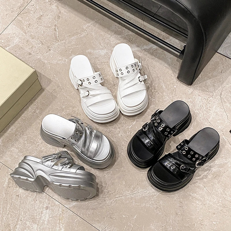 Summer Silver Chunky Platform Sandals Women Fashion Buckle Thick Bottom Slippers Woman Punk Wedges High Heels Sandalias Mujer