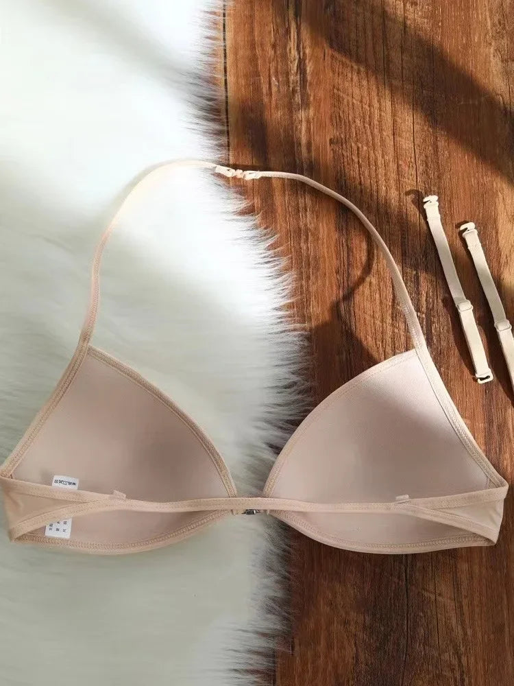 MOYISU French Style Triangle Bra Thin Strap Halter Neck Invisible Front Fastening Elegant Wireless Bralette Sophisticated AB Cup