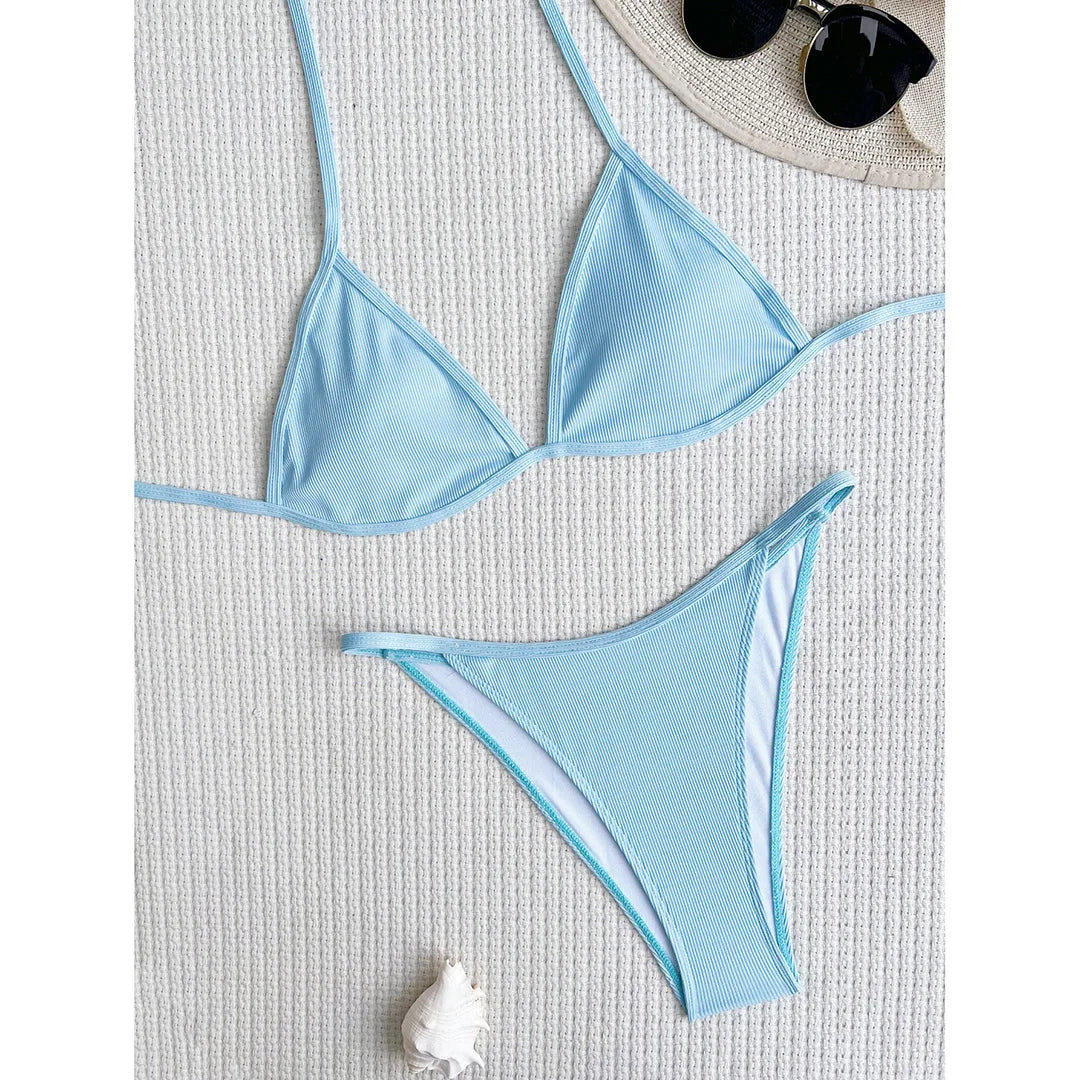 XS - L Ribbed Halter Bikini Women Swimwear Female Swimsuit Four-pieces Bikini set With Sarong Bather Bathing Suit Swim V3152B
